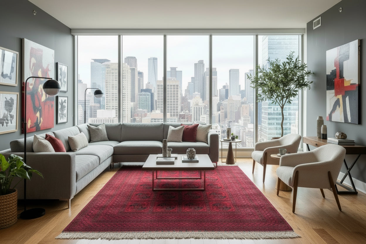 Red patterned rug with white fringe on a concrete floor