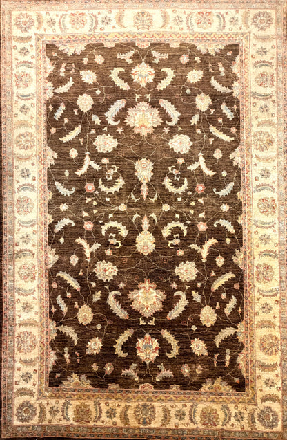 Hand-Knotted Pishawar Rug 6′3″x9′7″: traditional, ornate, dark center, floral motifs, light decorative border.