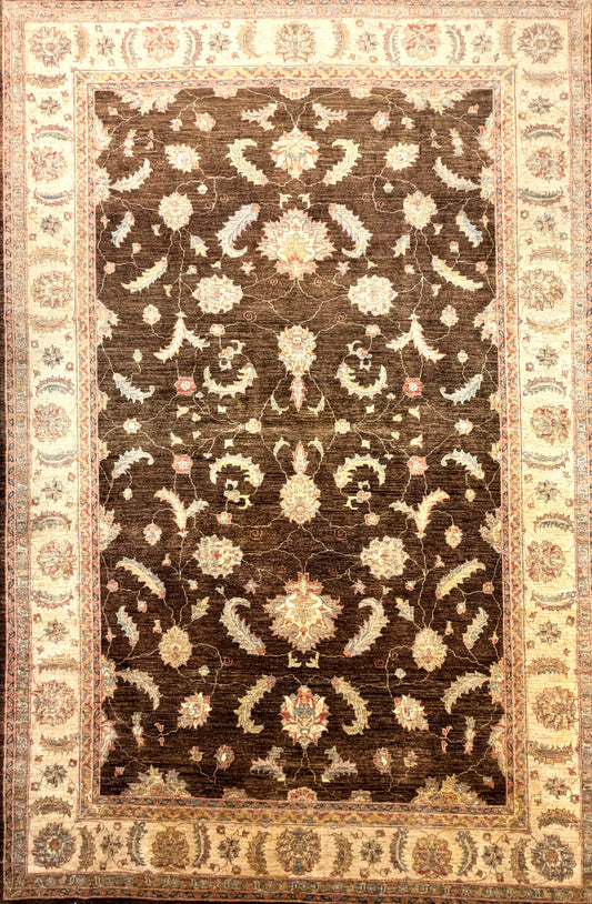 Hand-Knotted Pishawar Rug 6′3″x9′7″: traditional, ornate, dark center, floral motifs, light decorative border.