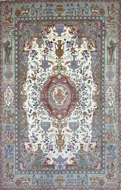 Hand-Knotted Pictorial 60 Raj Persian Tabriz Rug - 6'6"x10'2"
