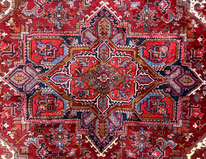 9’4”x11’8” Vintage Hand-Knotted Wool Heriz Persian Rug 9x11 Red Handmade Carpet