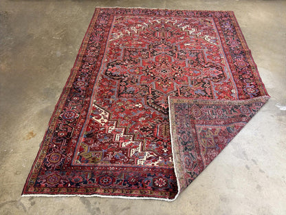 9'7"x13' Vintage Hand-Knotted Herize Rug Antique Handmade Red Oriental Geometric