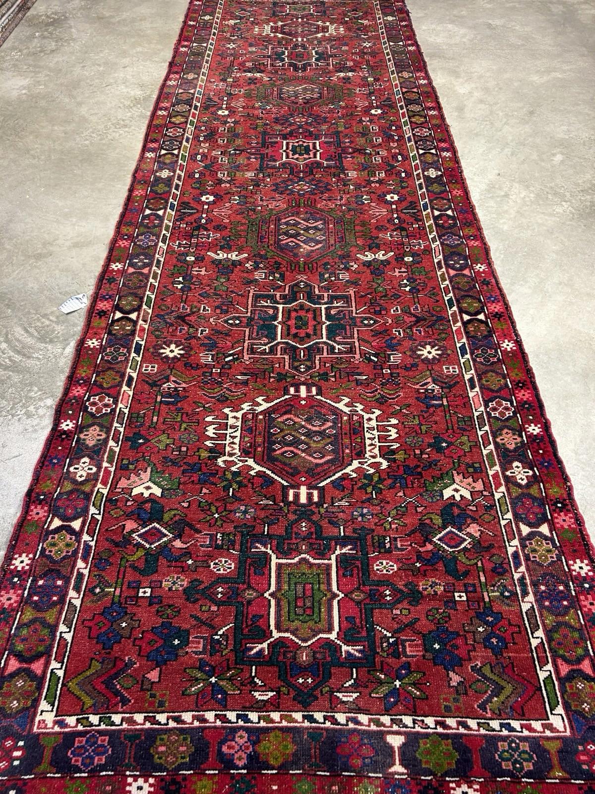 4’3”x14’1” Antique Hand-knotted Wool Herize Runner Rug - Handmade Red 4x14