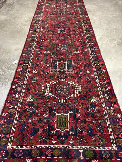 4’3”x14’1” Antique Hand-knotted Wool Herize Runner Rug - Handmade Red 4x14