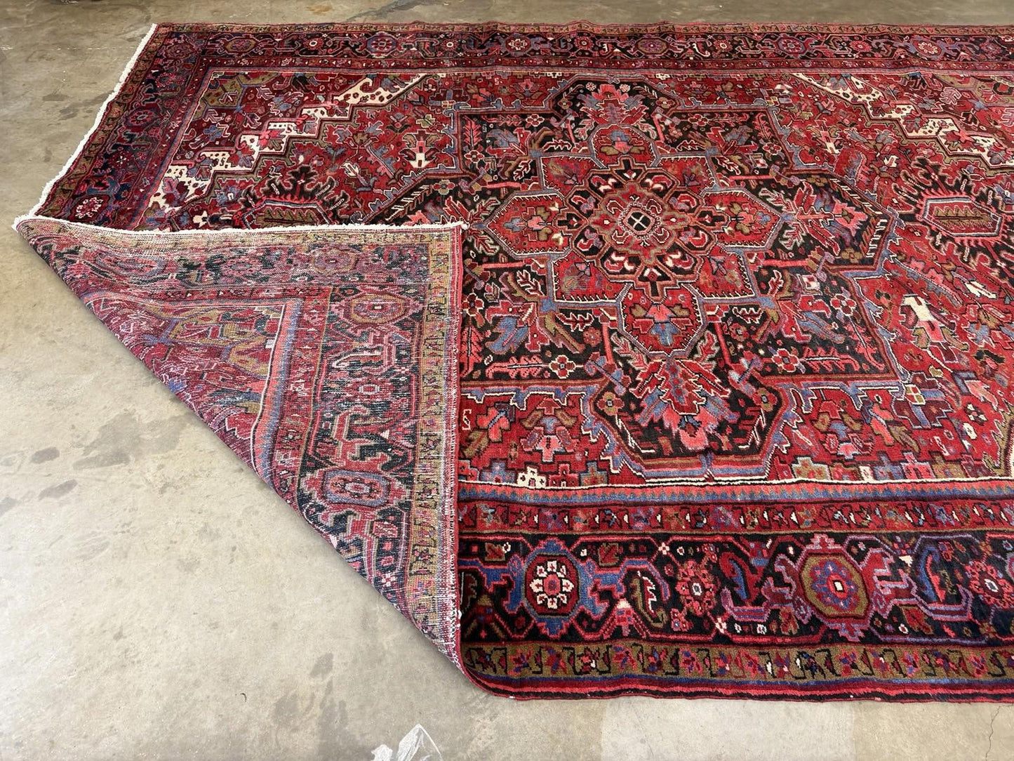 9'7"x13' Vintage Hand-Knotted Herize Rug Antique Handmade Red Oriental Geometric