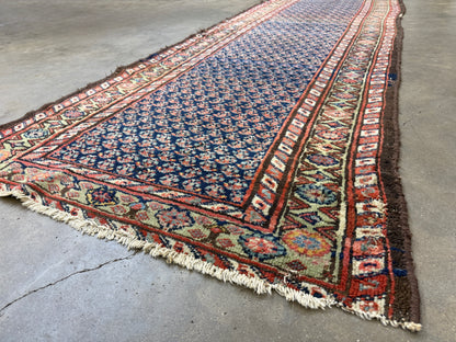 3’x13’9” Antique Hand-Knotted Wool Malayer Persian Runner 3x13 Handmade Blue Green Carpet