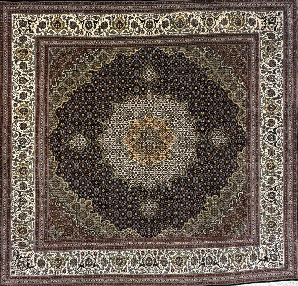Hand-Knotted 60 Raj Persian Tabriz Rug, 6′6″x6′8″, with symmetrical brown, cream & gold floral patterns.