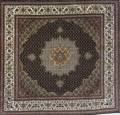 Hand-Knotted 60 Raj Persian Tabriz Rug, 6′6″x6′8″, with symmetrical brown, cream & gold floral patterns.