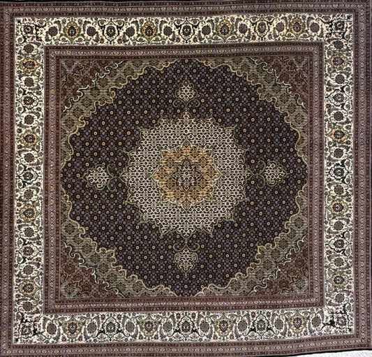 Hand-Knotted 60 Raj Persian Tabriz Rug, 6′6″x6′8″, with symmetrical brown, cream & gold floral patterns.