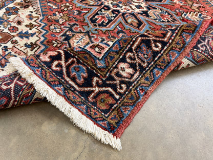 4’3”x4’10” Hand-Knotted Wool Heriz Persian Rug 4x5 Red Handmade Carpet