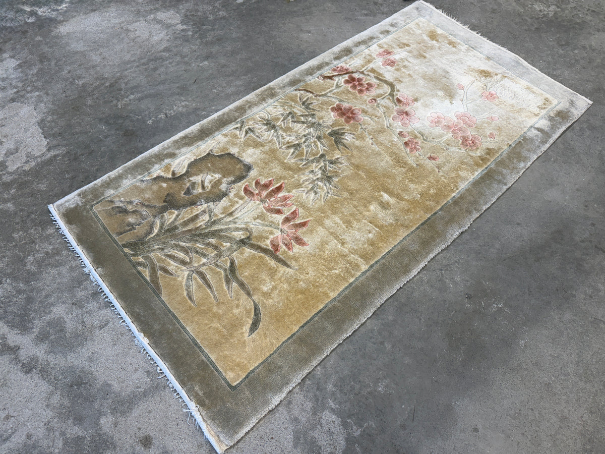 Pair of Antique Hand-Knotted 100% Silk Art Deco Rugs - 2’x4’