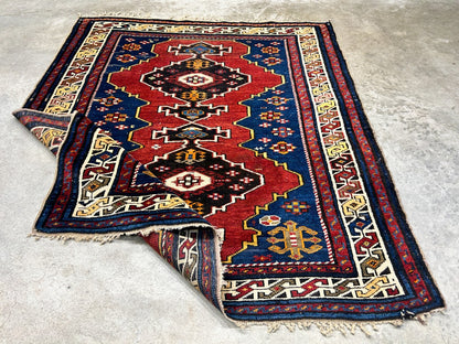 3'6"x4'1" Antique Hand-Knotted 100% Wool Pile Caucasian Rug