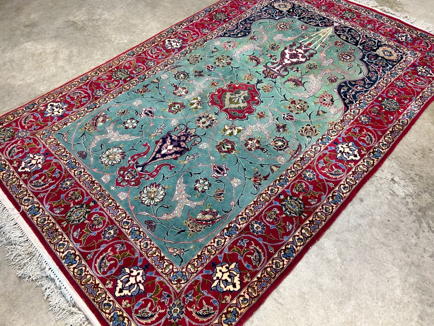 Collector Item-Fine 3'7"x5'9" Antique Hand-Knotted 100% Wool Isfahane Prayer Rug