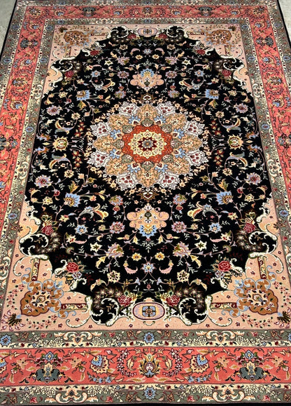 6'9"x10'5" Very Fine Hand-Knotted Wool & Silk Blend Tabrize Carpet - Area Rug