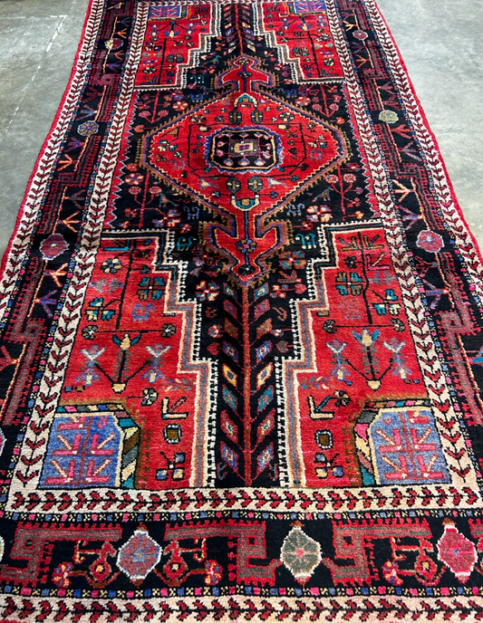 4'11" x 10'0" Hand-Knotted 100% Lamb Wool Pile Hamadane Area Rug - Carpet