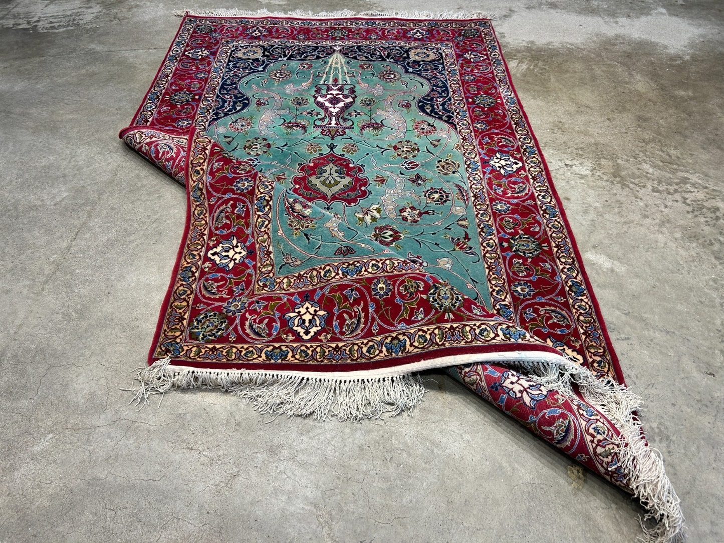Collector Item-Fine 3'7"x5'9" Antique Hand-Knotted 100% Wool Isfahane Prayer Rug
