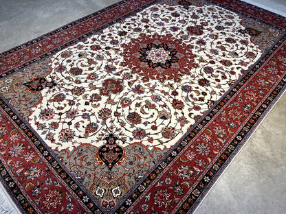 6'2"x9'3" Fine Hand-Knotted Wool & Silk Blend Tabrize Carpet - Area Rug