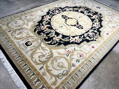 6'1"x9'2" Hand-Knotted 100% Wool Pile Aubusson Carpet - Area Rug