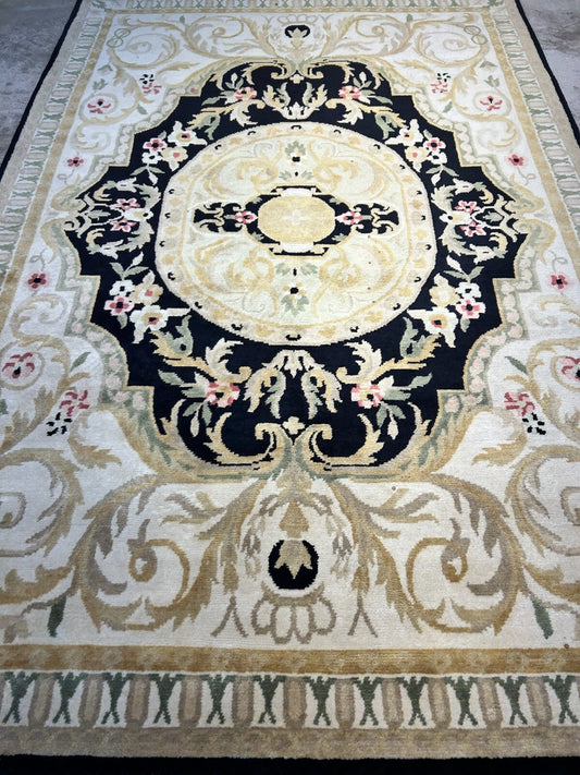 6'1"x9'2" Hand-Knotted 100% Wool Pile Aubusson Carpet - Area Rug