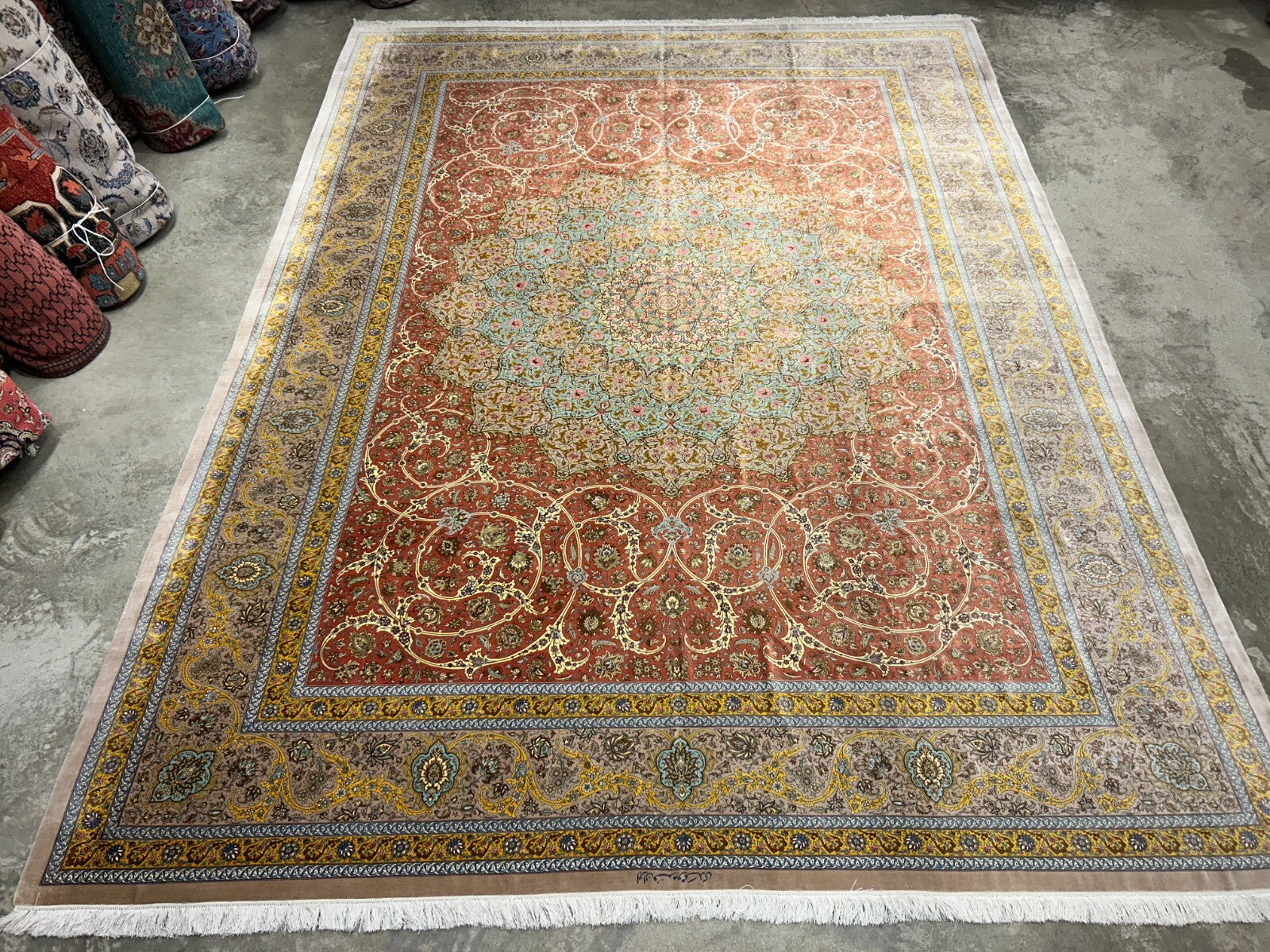 9'9"x13'4" Exquisite Signed Hand-Knotted 100% Silk Qume Rug