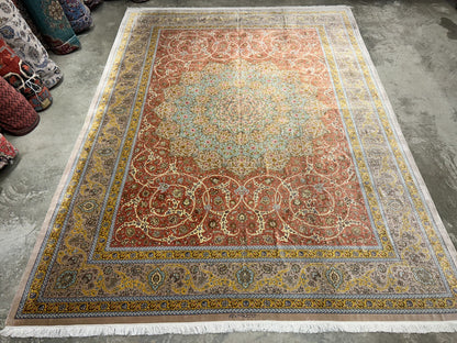 9'9"x13'4" Exquisite Signed Hand-Knotted 100% Silk Qume Rug
