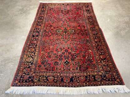 4'3"x6'9" Antique Hand-Knotted 100% Wool Pile Sarouke Area Rug - Carpet