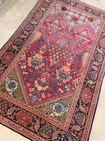 Collector Item  4'3"x6'10" Antique Pre-1900 Fine Lamb Wool Pile Kashane Rug