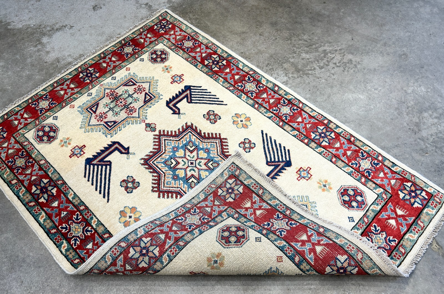 3'5"x4'9" Fine Hand-Knotted 100% Wool Pile Kazak Rug