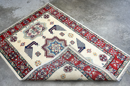 3'5"x4'9" Fine Hand-Knotted 100% Wool Pile Kazak Rug