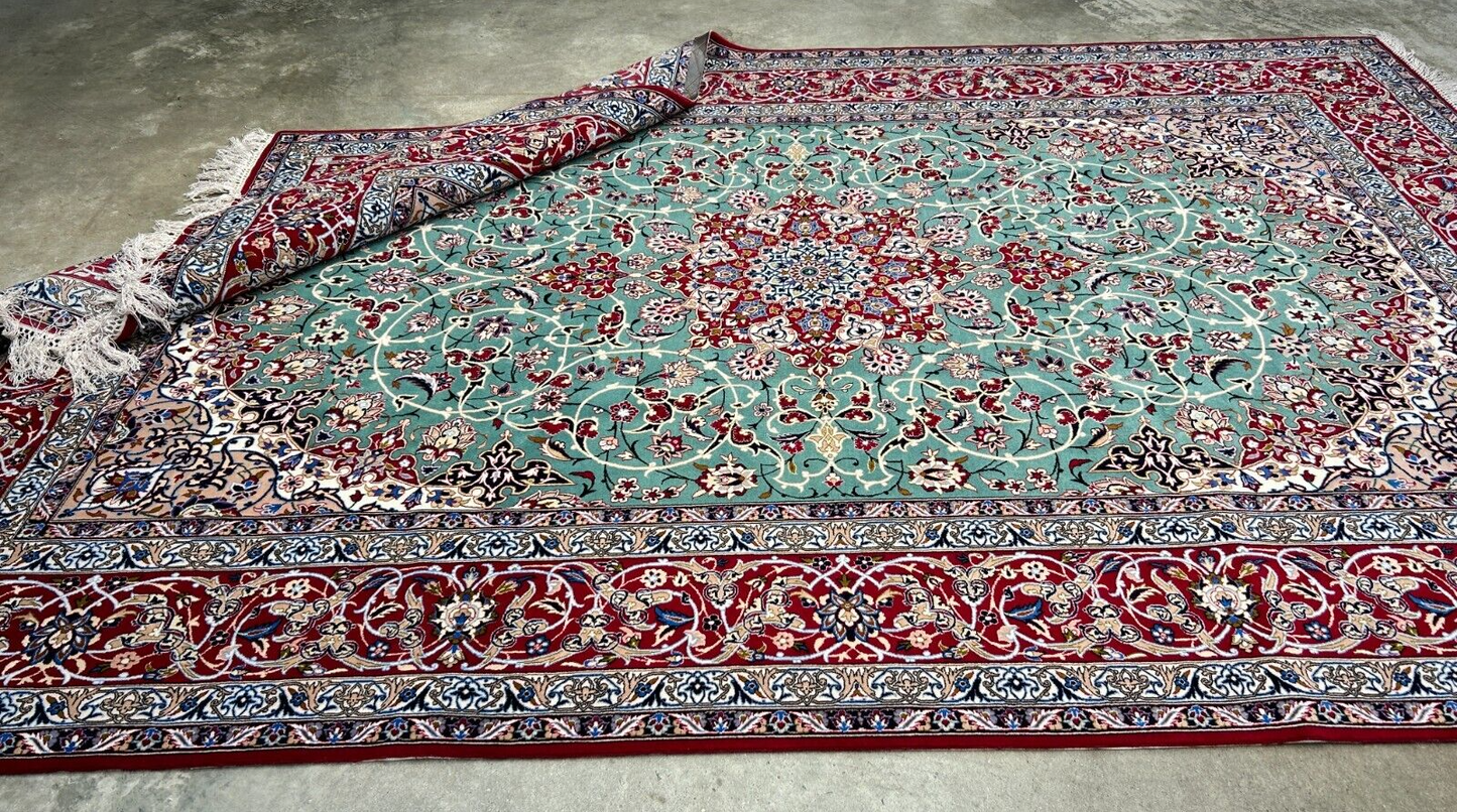 6'9"x10' Extra-Fine Hand-Knotted Wool & Silk Blend Isfahane Area Rug - Signed