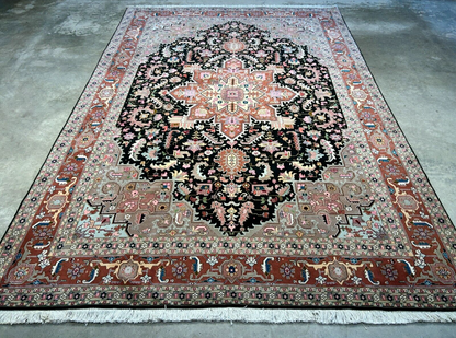 6'6"x9'6" Fine Hand-Knotted Wool & Silk Blend Tabrize Herize Carpet - Area Rug