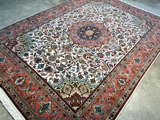 7'0"x10'8" Fine Hand-Knotted Wool & Silk Blend Tabrize Carpet - Area Rug