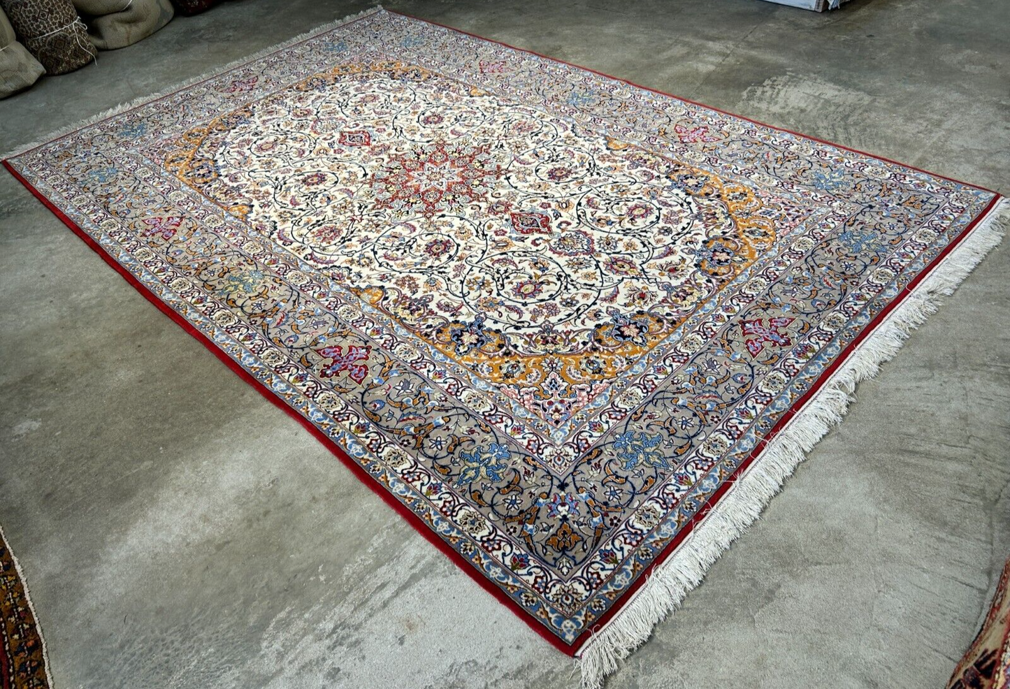 7'x10'8" Fine Hand-Knotted Wool & Silk Blend Isfahane Carpet - Area Rug
