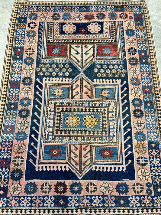 Collector Item - 3'4"x4'4" Antique Hand-Knotted 100% Wool Pile Russian Kazak Rug
