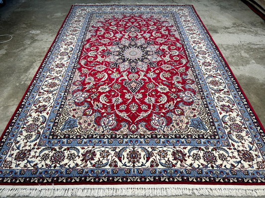 6'7"x9'10" Fine Hand-Knotted Wool & Silk Blend Isfahane Area Rug - Signed