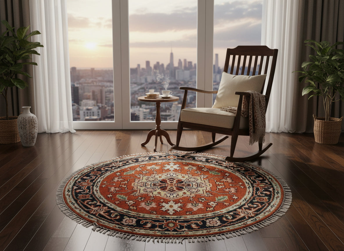 4' Diameter Exquisite Hand-Knotted 100% Wool Pile Oriental Rug