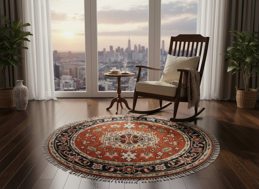 4' Diameter Exquisite Hand-Knotted 100% Wool Pile Oriental Rug