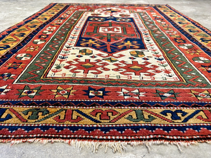Collector Item -  3'4"x5'6" Antique Hand-Knotted 100% Wool Pile Kazak Rug