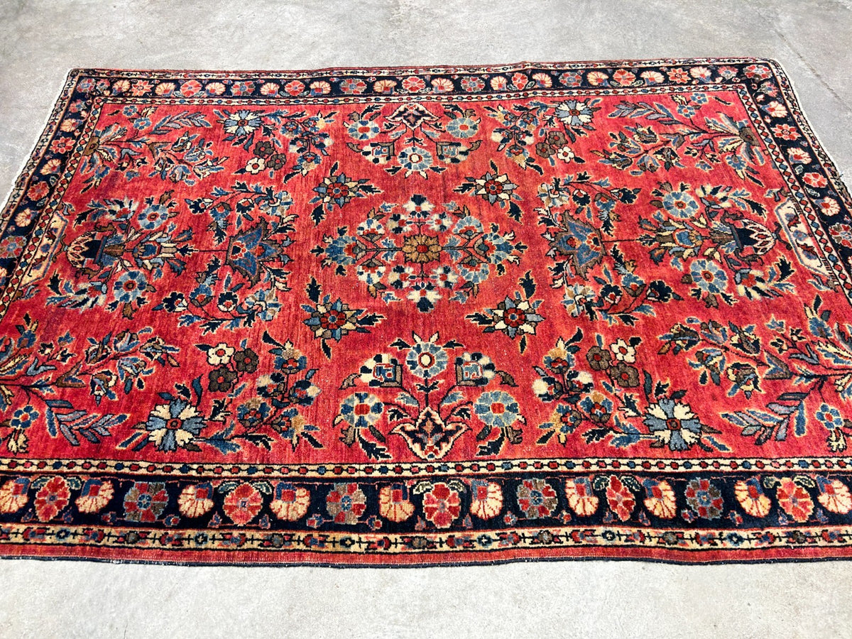 3'4"x4'10" Antique Hand-Knotted 100% Wool Pile Sarouke Mohajeran Rug