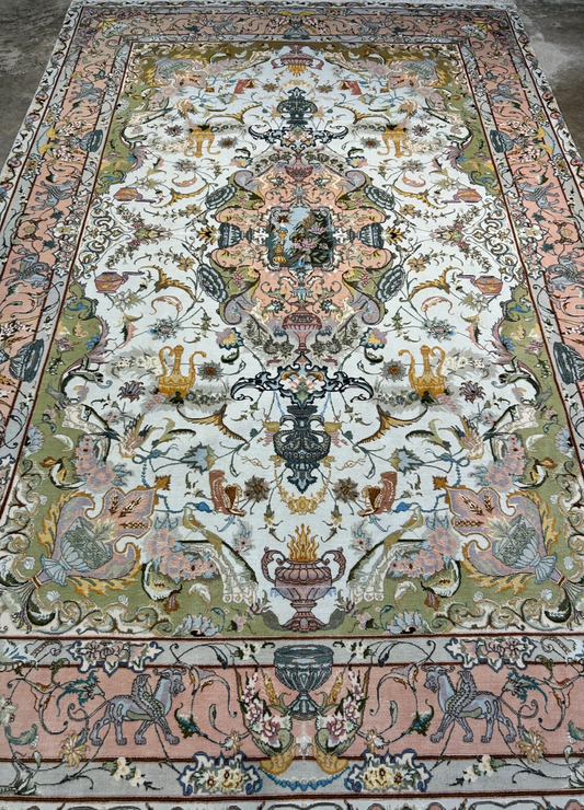 6'8"x10' Very-Fine Hand-Knotted Wool & Silk Blend Tabrize Carpet - Area Rug