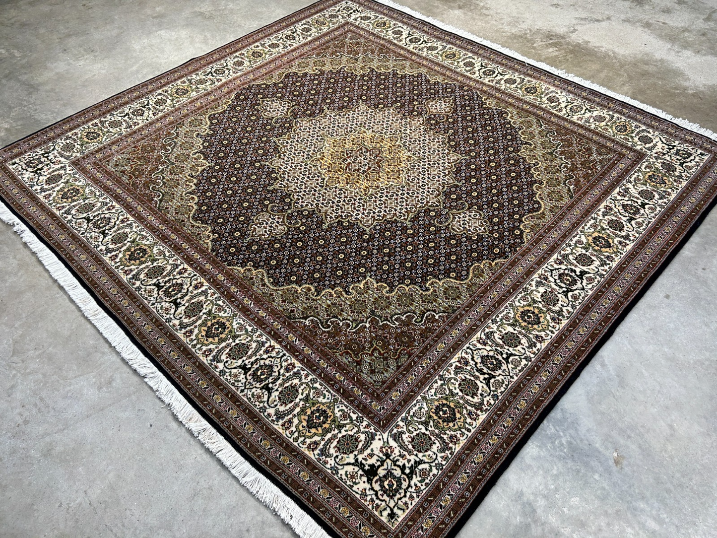 6'6"x6'8" Very Fine Hand-Knotted Wool & Silk Tabrize Rug