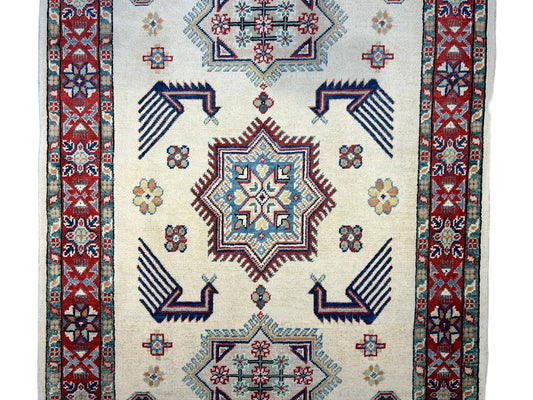 3'5"x4'9" Fine Hand-Knotted 100% Wool Pile Kazak Rug