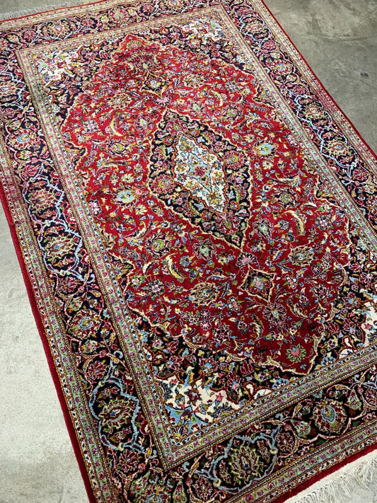4'4"x6'8" Collector Antique Hand-Knotted 100% Silk Kashane Rug