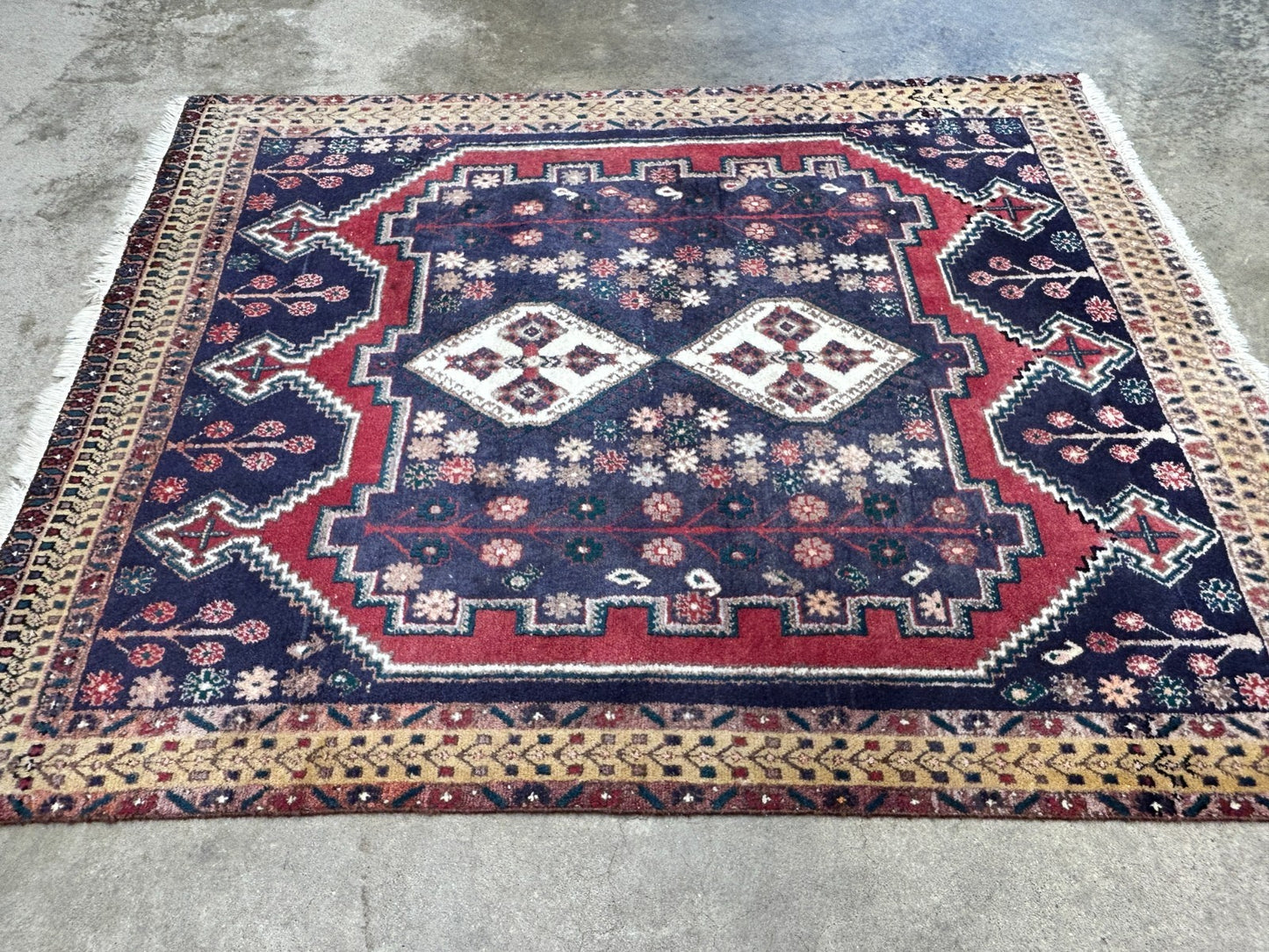 4'3"x5'6" Antique Hand-Knotted 100% Wool Pile Hamadane Rug