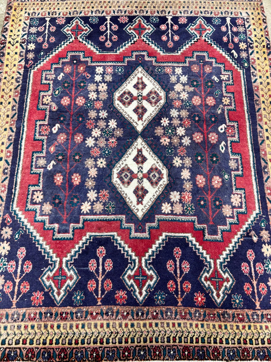 4'3"x5'6" Antique Hand-Knotted 100% Wool Pile Hamadane Rug