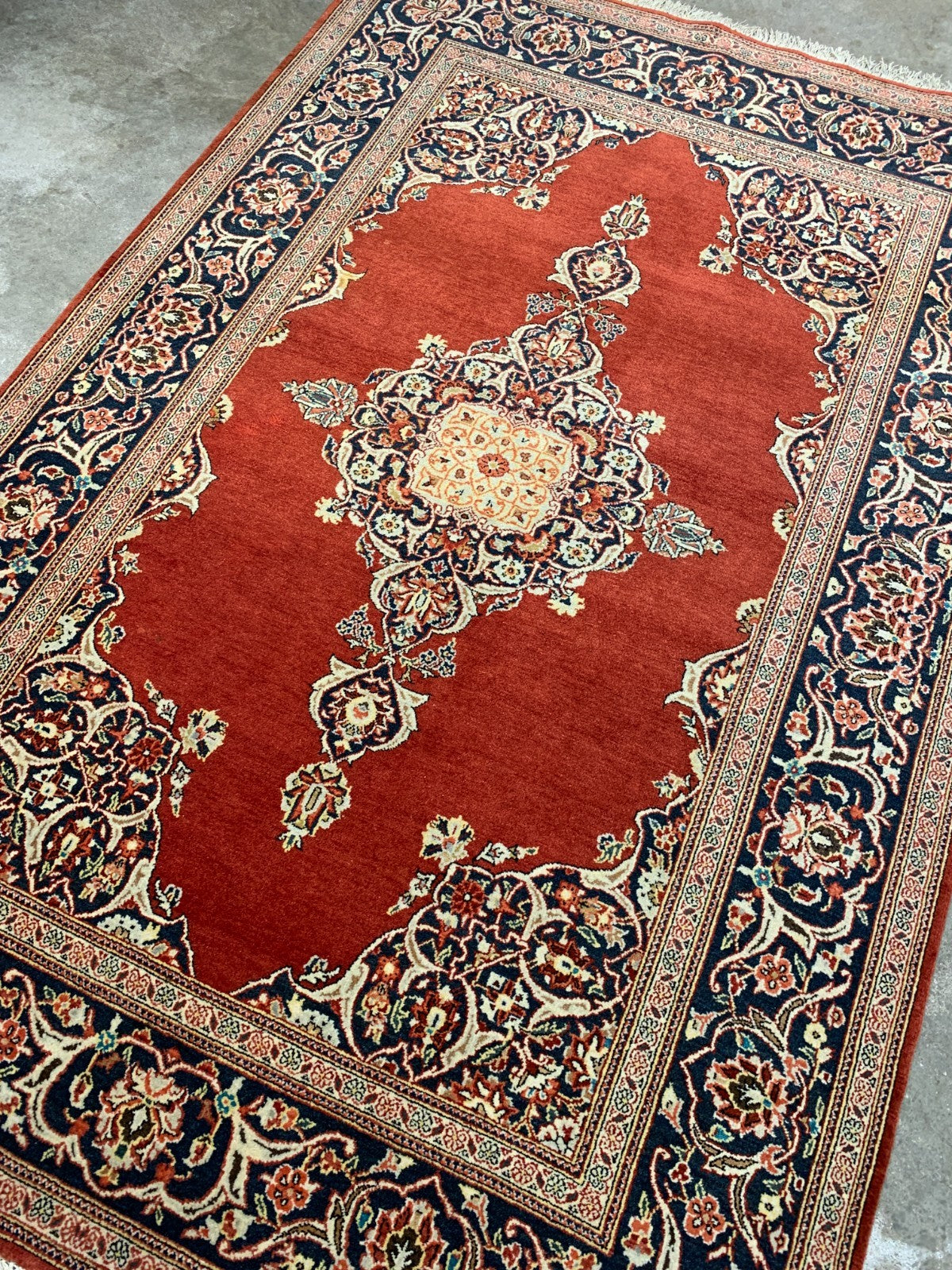 Collector Item - 4'7"x6'9" Antique Hand-Knotted Fine Wool Pile Kashane Rug