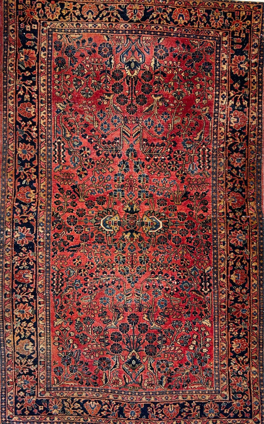 4'3"x6'9" Antique Hand-Knotted 100% Wool Pile Sarouke Area Rug - Carpet