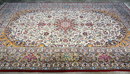 7'x10'8" Fine Hand-Knotted Wool & Silk Blend Isfahane Carpet - Area Rug