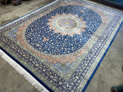 10'1"x13'1" Exquisite Signed Hand-Knotted 100% Silk Qume Rug