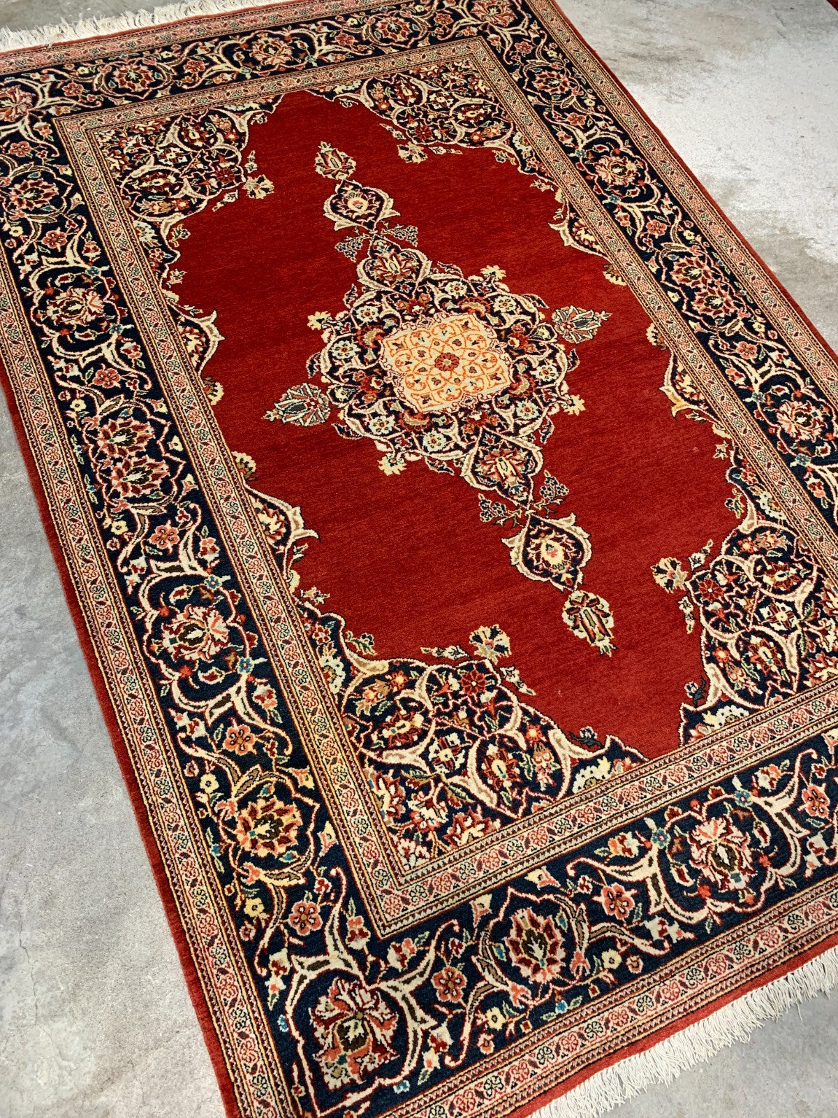 Collector Item - 4'7"x6'9" Antique Hand-Knotted Fine Wool Pile Kashane Rug
